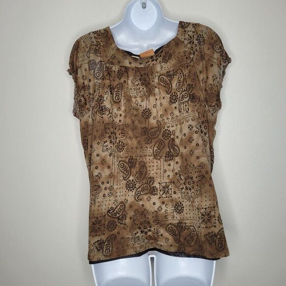 Vintage y2k grunge brown black cap sleeve paisley mixed print top size 14/16 - Picture 2 of 6